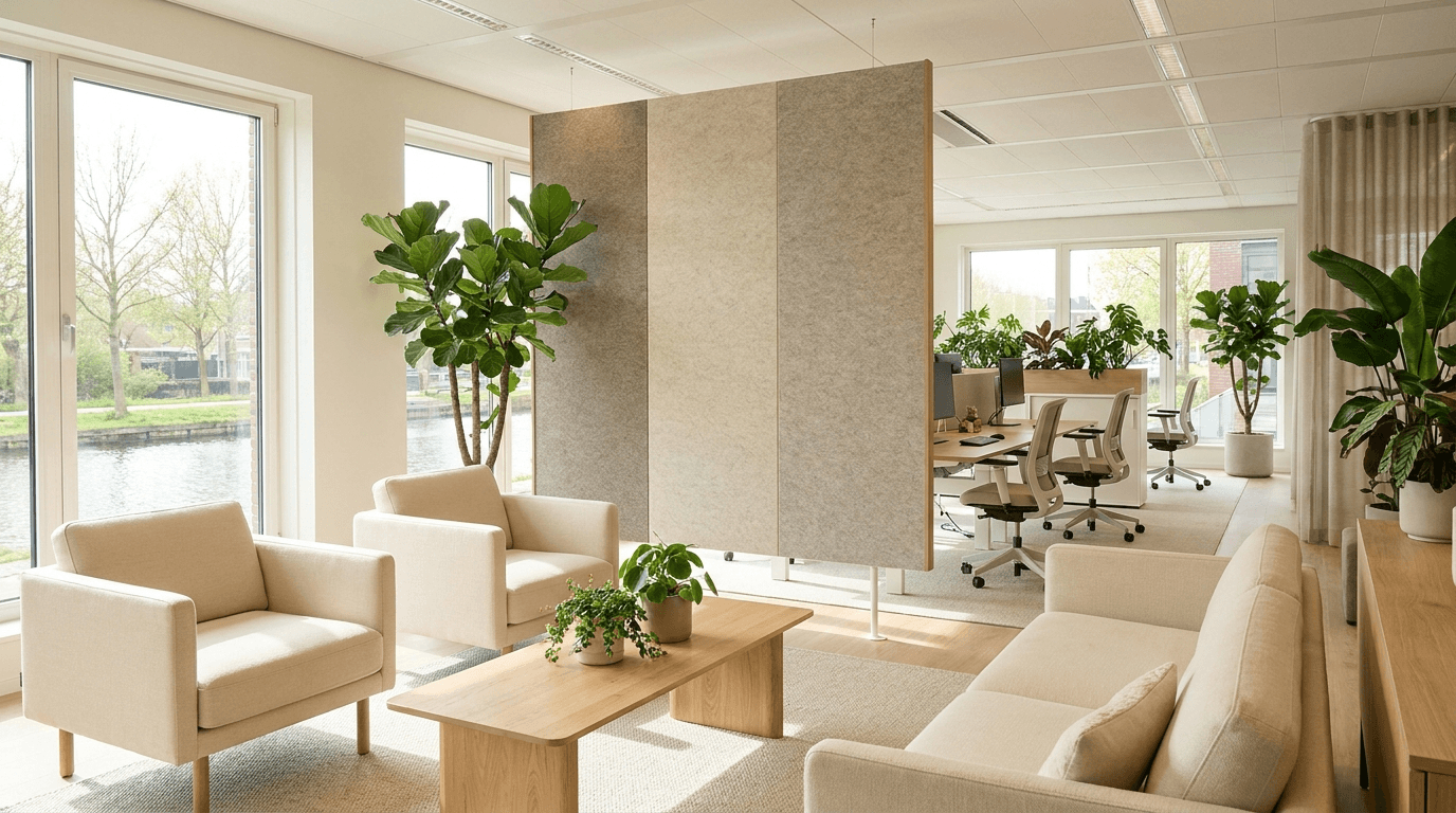 Modern kantoor met loungeplek, akoestische scheidingswanden en sfeervolle inrichting gericht op werkbeleving